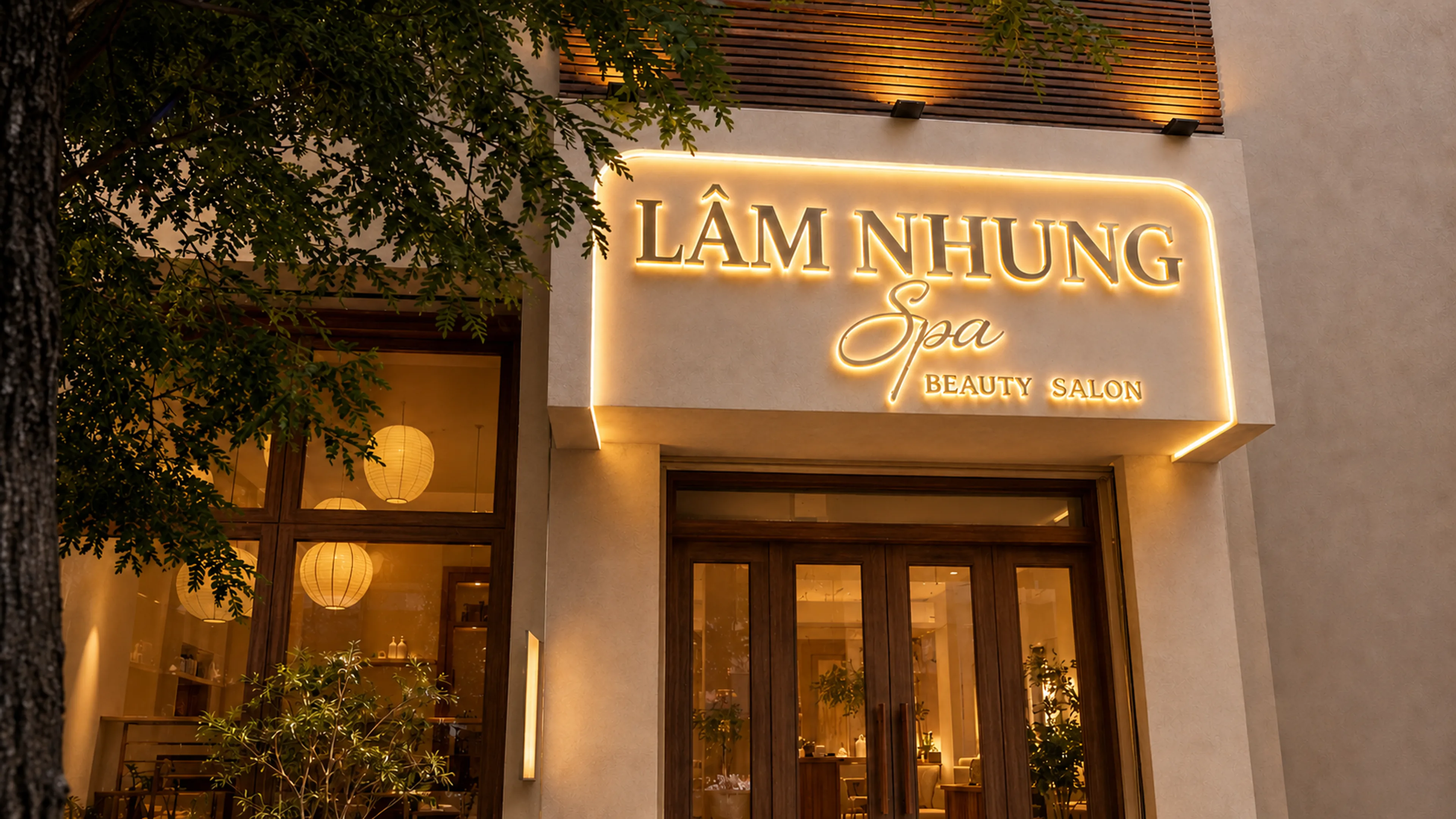 Warmly illuminated Lâm Nhung Spa storefront on Dong Du