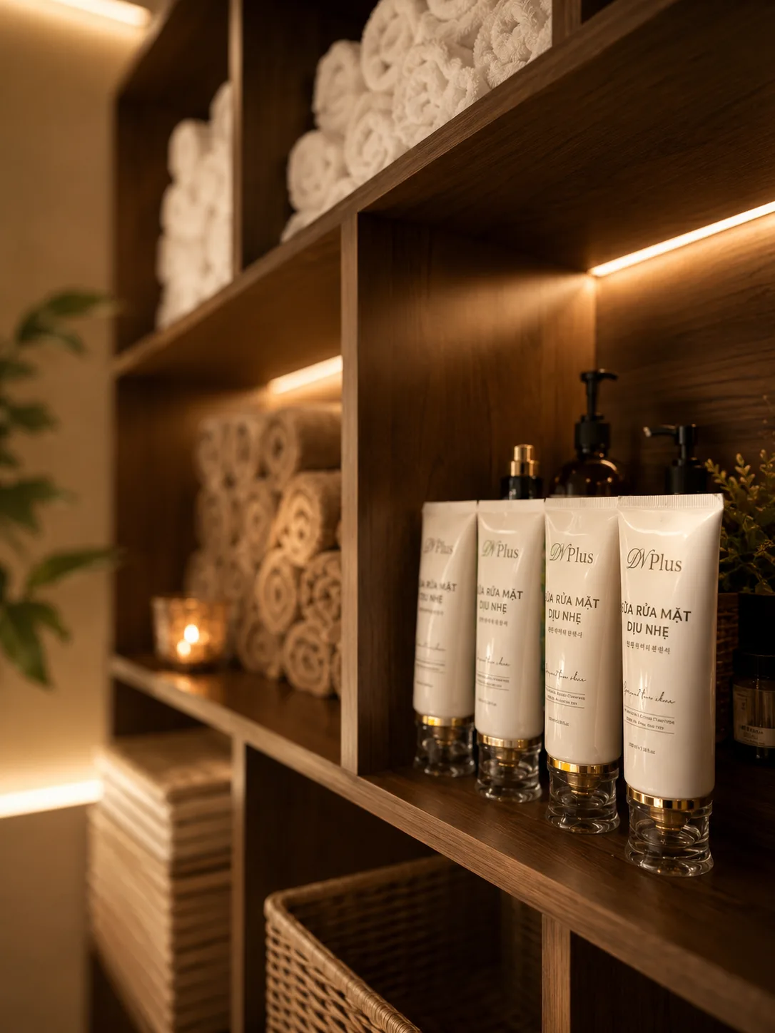 Rolled towels and facial cleansers on warm wooden shelves