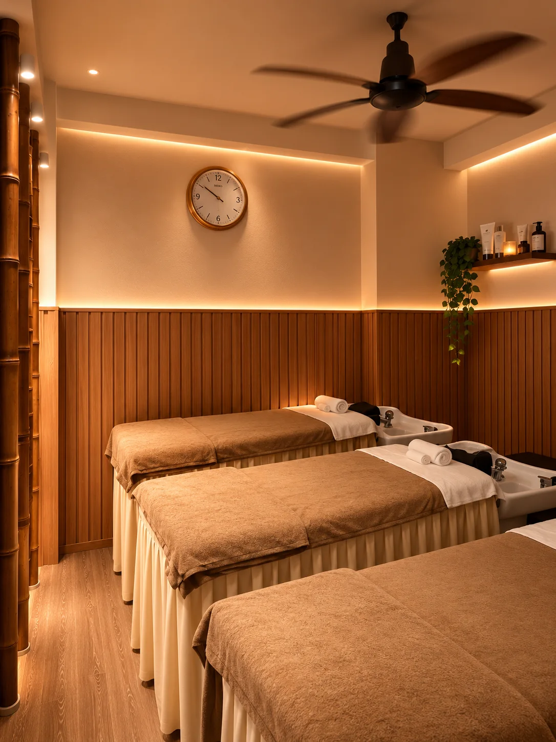 Three prepared massage beds in a wood-panelled treatment room