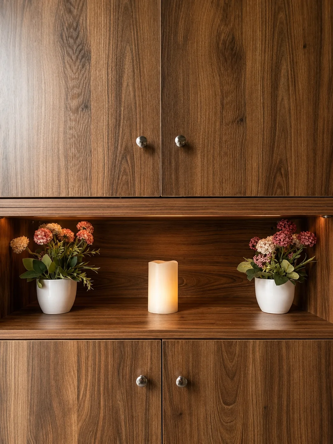 A calm wooden shelf detail with fresh flowers and a candle
