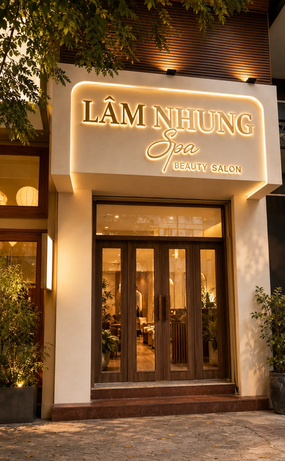 Full-height view of the illuminated Lâm Nhung Spa entrance