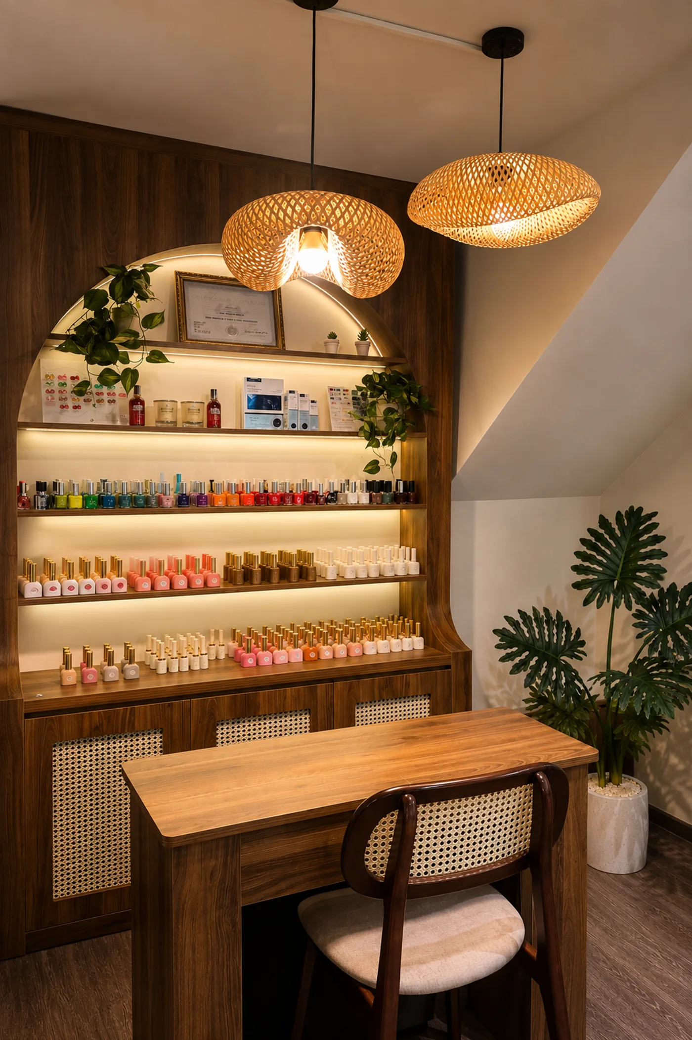 Nail studio wall of polish shades above a wooden manicure table