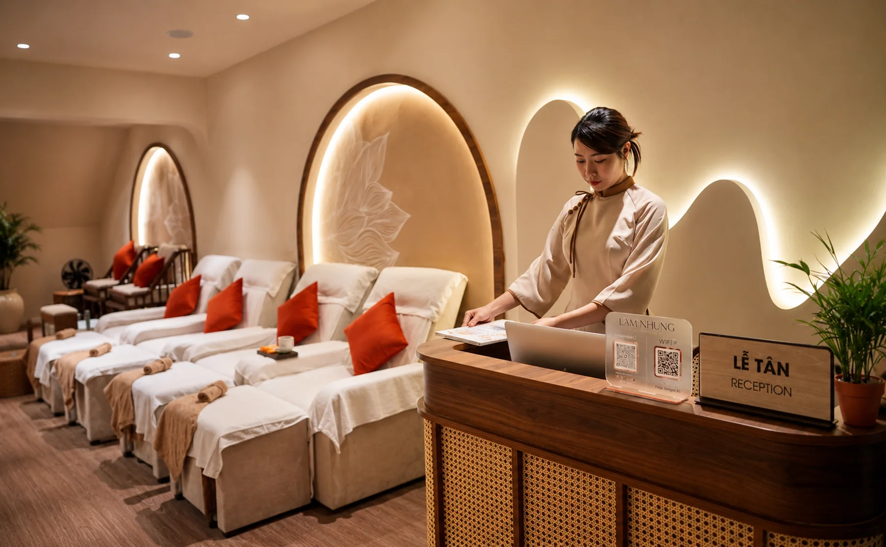 Soft-lit reception lounge at Lâm Nhung Spa, deep emerald tones with quiet ambient light