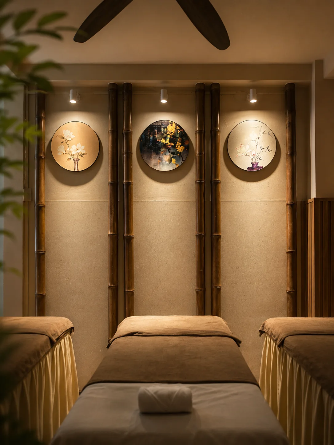 Private treatment room at Lâm Nhung Spa — warm wood, soft light, two beds set for a synchronised couples ritual
